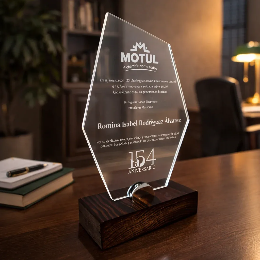 Reconocimiento en acrílico con base de madera por el 154 aniversario de Motul