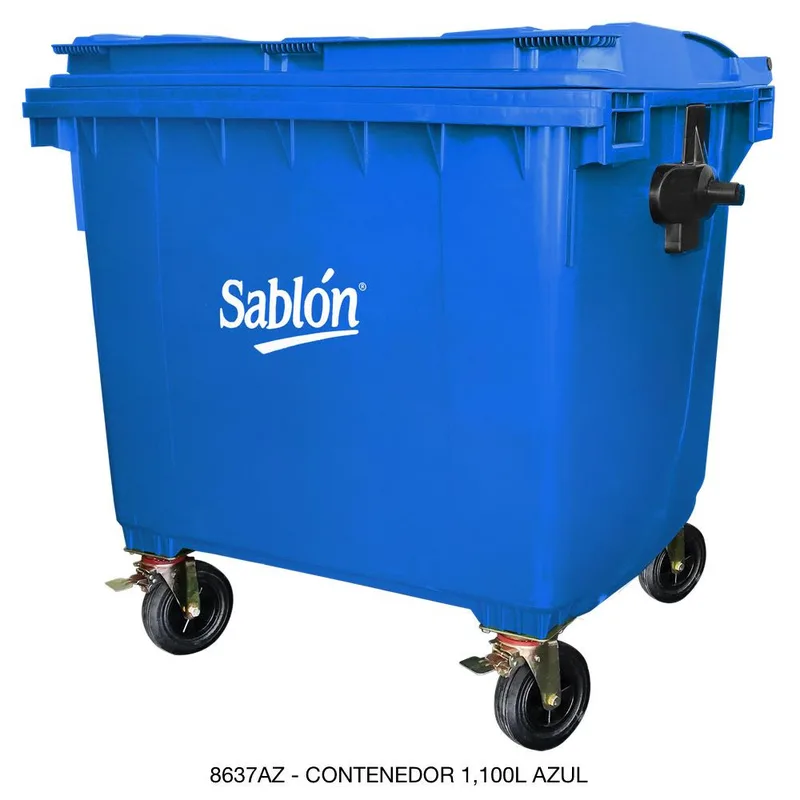 Contenedor de basura de 1100 litros color azul, marca Sablón