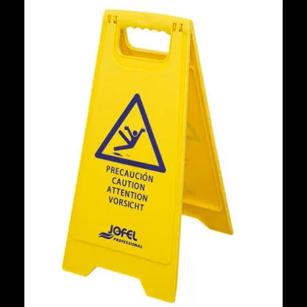 Letrero amarillo de piso mojado, marca Jofel