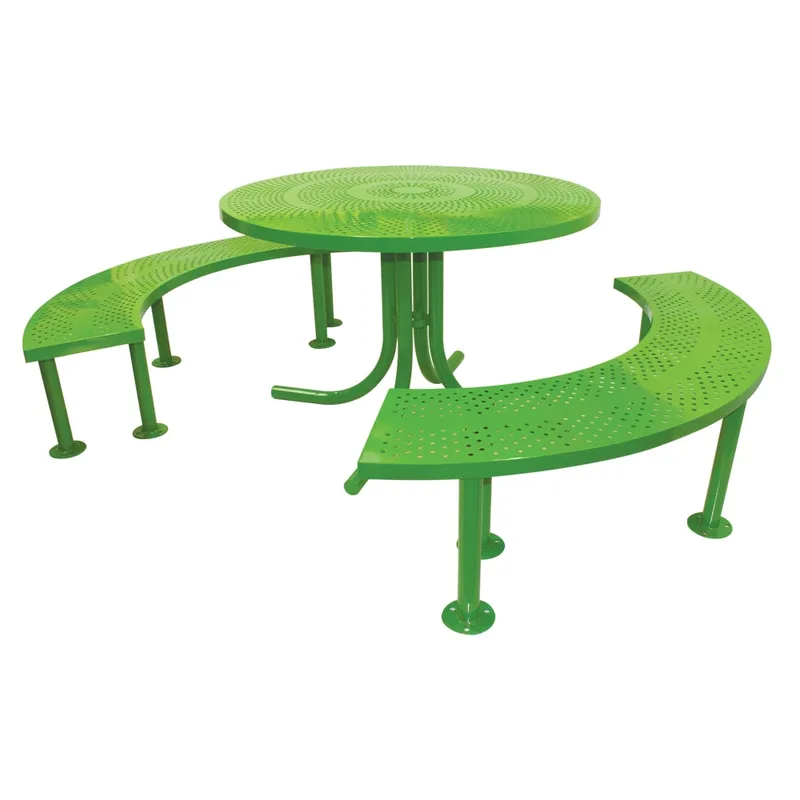 Mesa circular con bancas curvas integradas para exterior, marca MUPA