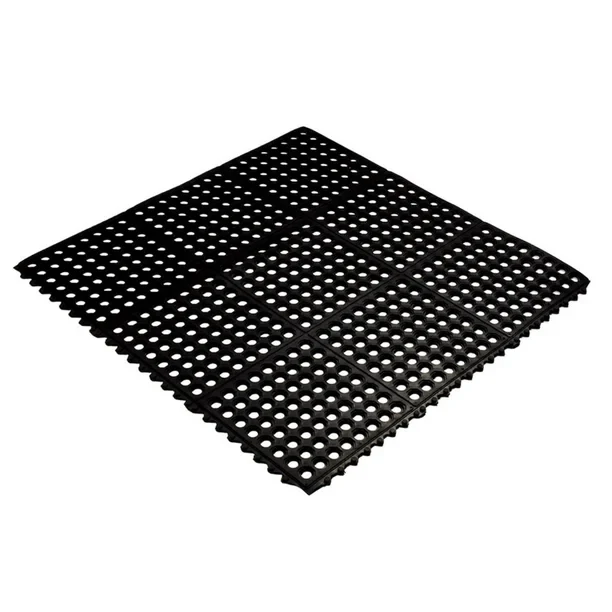 Tapete antifatiga modular de hule negro con orificios de drenaje